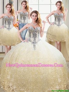 Luxurious Four Piece Champagne Lace Up 15 Quinceanera Dress Beading and Lace Sleeveless Floor Length