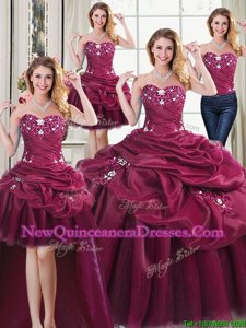 Attractive Four Piece Burgundy Quinceanera Dress Military Ball and Sweet 16 and Quinceanera and For withBeading and Appliques and Pick Ups Sweetheart Sleeveless Lace Up