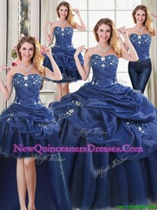 Suitable Four Piece Navy Blue Sleeveless Organza Lace Up Quince Ball Gowns for Military Ball and Sweet 16 and Quinceanera