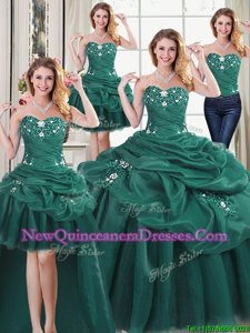 Captivating Four Piece Dark Green Sweetheart Neckline Beading and Ruffles and Pick Ups Vestidos de Quinceanera Sleeveless Lace Up