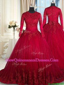 Sexy Clasp Handle Scoop Long Sleeves Sweet 16 Dresses Floor Length Beading and Lace and Bowknot Wine Red Tulle