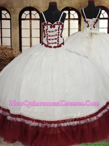 Sophisticated White And Red Lace Up Straps Beading Sweet 16 Dresses Organza Sleeveless