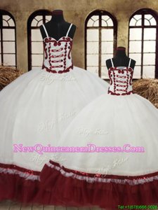 Stunning White and Wine Red Satin and Organza Lace Up Straps Sleeveless Floor Length 15th Birthday Dress Beading