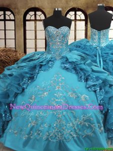 Superior Ball Gowns Quince Ball Gowns Teal Sweetheart Organza and Taffeta Sleeveless Floor Length Lace Up