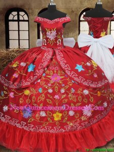 Hot Sale Off the Shoulder Embroidery and Bowknot Sweet 16 Quinceanera Dress Red Lace Up Sleeveless Floor Length