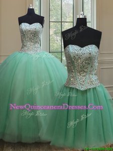 Luxurious Three Piece Floor Length Apple Green 15th Birthday Dress Tulle Sleeveless Spring and Summer and Fall and Winter Beading