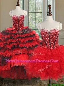 Latest Three Piece Black and Red Quince Ball Gowns Military Ball and Sweet 16 and Quinceanera and For withBeading and Ruffled Layers Sweetheart Sleeveless Lace Up