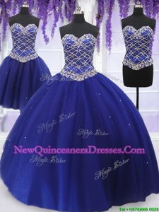 Edgy Three Piece Ball Gowns Sweet 16 Quinceanera Dress Royal Blue Sweetheart Tulle Sleeveless Floor Length Lace Up