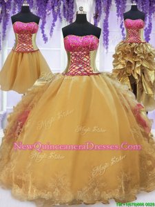 Four Piece Sleeveless Organza and Taffeta With Brush Train Lace Up Sweet 16 Dresses inHot Pink and Gold withBeading and Lace and Ruffles