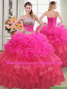 Amazing Sleeveless Floor Length Beading and Ruffles and Ruffled Layers and Sequins Lace Up Quinceanera Gown with Multi-color