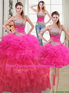Vintage Three Piece Sleeveless Beading and Ruffles and Ruffled Layers and Sequins Lace Up Quinceanera Gowns