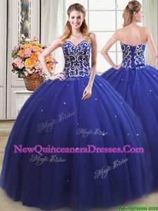 Delicate Royal Blue Lace Up Sweetheart Beading Sweet 16 Dress Tulle Sleeveless