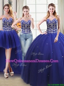 Glamorous Four Piece Royal Blue Ball Gowns Sweetheart Sleeveless Tulle Floor Length Lace Up Beading Quinceanera Dresses
