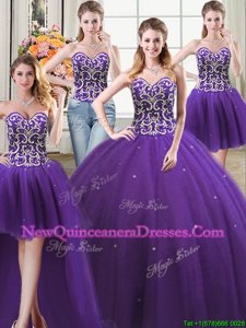 Ideal Four Piece Beading Quinceanera Gowns Purple Lace Up Sleeveless Floor Length