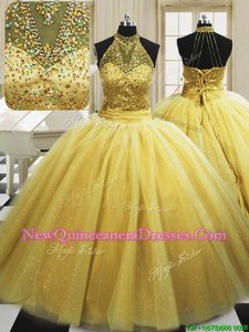 Enchanting Yellow Tulle Lace Up High-neck Sleeveless With Train Vestidos de Quinceanera Sweep Train Beading