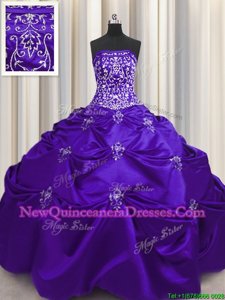 Purple Ball Gown Prom Dress Military Ball and Sweet 16 and Quinceanera and For withBeading and Appliques and Embroidery Strapless Sleeveless Lace Up