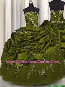 Custom Design Embroidery Olive Green Lace Up 15 Quinceanera Dress Beading and Appliques and Pick Ups Sleeveless Floor Length