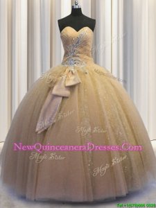 Fantastic Sequined Sleeveless Beading and Bowknot Lace Up 15 Quinceanera Dress