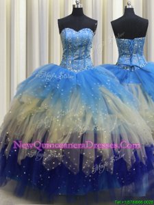 Gorgeous Visible Boning Multi-color Ball Gowns Tulle Sweetheart Sleeveless Beading and Ruffles and Sequins Floor Length Lace Up Quince Ball Gowns