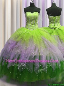 Exquisite Visible Boning Floor Length Lace Up Vestidos de Quinceanera Multi-color and In for Military Ball and Sweet 16 and Quinceanera withBeading and Ruffles and Sequins