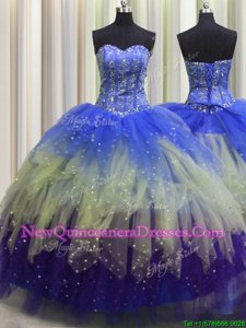 Customized Visible Boning Tulle Sweetheart Sleeveless Lace Up Beading and Ruffles and Sequins Sweet 16 Dresses inMulti-color