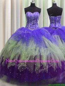 Glorious Visible Boning Multi-color Lace Up Sweet 16 Quinceanera Dress Beading and Ruffles and Sequins Sleeveless Floor Length