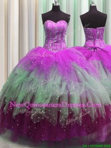 Vintage Visible Boning Sweetheart Sleeveless Tulle Quinceanera Gowns Beading and Ruffles and Sequins Lace Up