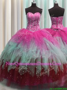 Fancy Visible Boning Multi-color Ball Gowns Sweetheart Sleeveless Tulle Floor Length Lace Up Beading and Ruffles and Sequins 15 Quinceanera Dress