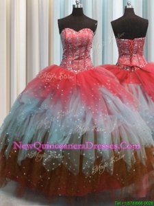 Sumptuous Visible Boning Multi-color Ball Gowns Beading and Ruffles and Sequins 15th Birthday Dress Lace Up Tulle Sleeveless Floor Length