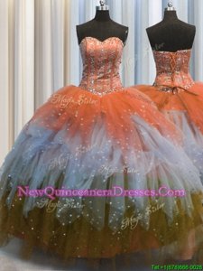 Pretty Visible Boning Multi-color Sleeveless Beading and Ruffles and Sequins Floor Length Ball Gown Prom Dress