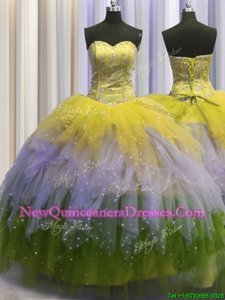 Charming Visible Boning Sleeveless Tulle Floor Length Lace Up Sweet 16 Dresses inMulti-color withBeading and Ruffles and Sequins