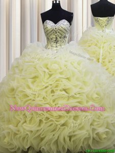 Lovely Rolling Flowers Brush Train Floor Length Ball Gowns Sleeveless Light Yellow 15th Birthday Dress Lace Up