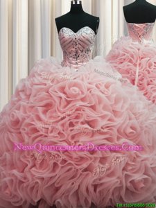 Luxury Rolling Flowers Brush Train Sleeveless Lace Up Floor Length Beading and Pick Ups Vestidos de Quinceanera