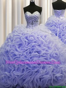 Pretty Brush Train Lavender Ball Gowns Beading and Pick Ups Ball Gown Prom Dress Lace Up Fabric With Rolling Flowers Sleeveless