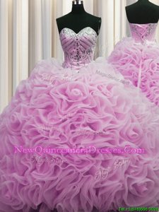 Elegant Lilac Ball Gowns Fabric With Rolling Flowers Sweetheart Sleeveless Beading and Pick Ups Lace Up 15 Quinceanera Dress Brush Train