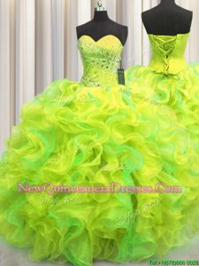 Adorable Sleeveless Lace Up Floor Length Beading and Ruffles Sweet 16 Dresses