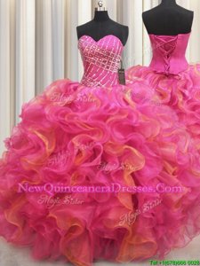 New Arrival Hot Pink Sleeveless Beading and Ruffles Floor Length Sweet 16 Dress