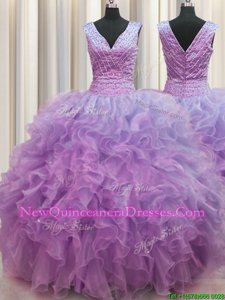 Extravagant V Neck Zipper Up Lilac Ball Gowns Organza V-neck Sleeveless Ruffles Floor Length Zipper Quince Ball Gowns