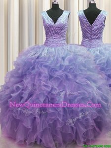 Most Popular V Neck Zipper Up Floor Length Ball Gowns Sleeveless Lavender Sweet 16 Dresses Zipper