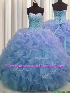 Custom Designed Blue Sweetheart Lace Up Beading and Ruffles Sweet 16 Dress Sleeveless