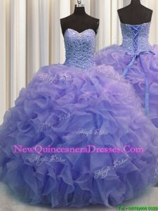 Customized Blue Sleeveless Beading and Ruffles Floor Length Quinceanera Gown