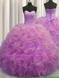 Flirting Sleeveless Organza Floor Length Lace Up Vestidos de Quinceanera inLilac withBeading and Ruffles