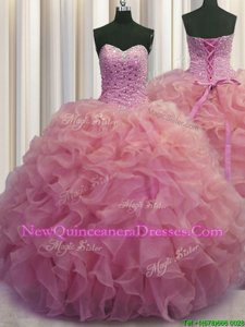 Fancy Watermelon Red Ball Gowns Organza Sweetheart Sleeveless Beading and Ruffles Floor Length Lace Up 15th Birthday Dress