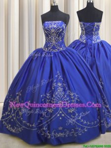 Custom Design Floor Length Lace Up Sweet 16 Dress Royal Blue and In for Military Ball and Sweet 16 and Quinceanera withBeading and Embroidery