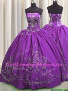 Dynamic Eggplant Purple Lace Up Ball Gown Prom Dress Embroidery Sleeveless Floor Length