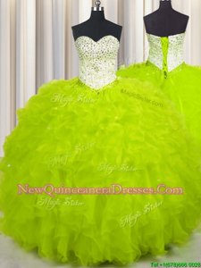 Sophisticated Yellow Green Ball Gowns Beading and Ruffles 15 Quinceanera Dress Lace Up Tulle Sleeveless Floor Length