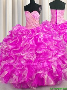 Admirable Rose Pink Lace Up Quinceanera Gowns Beading and Ruffles Sleeveless Floor Length