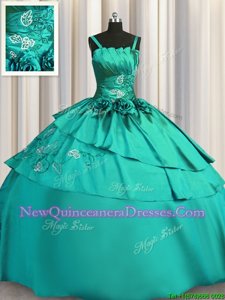 Custom Made Sleeveless Floor Length Beading and Embroidery Lace Up Quinceanera Gowns with Turquoise