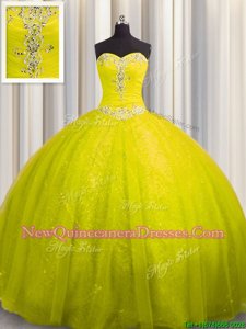 Sequined Yellow Green Sweetheart Lace Up Beading and Appliques Quinceanera Dress Court Train Sleeveless