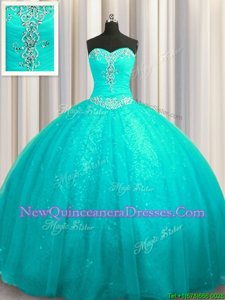 Charming Sequined Aqua Blue Sleeveless Court Train Beading and Appliques Sweet 16 Dresses